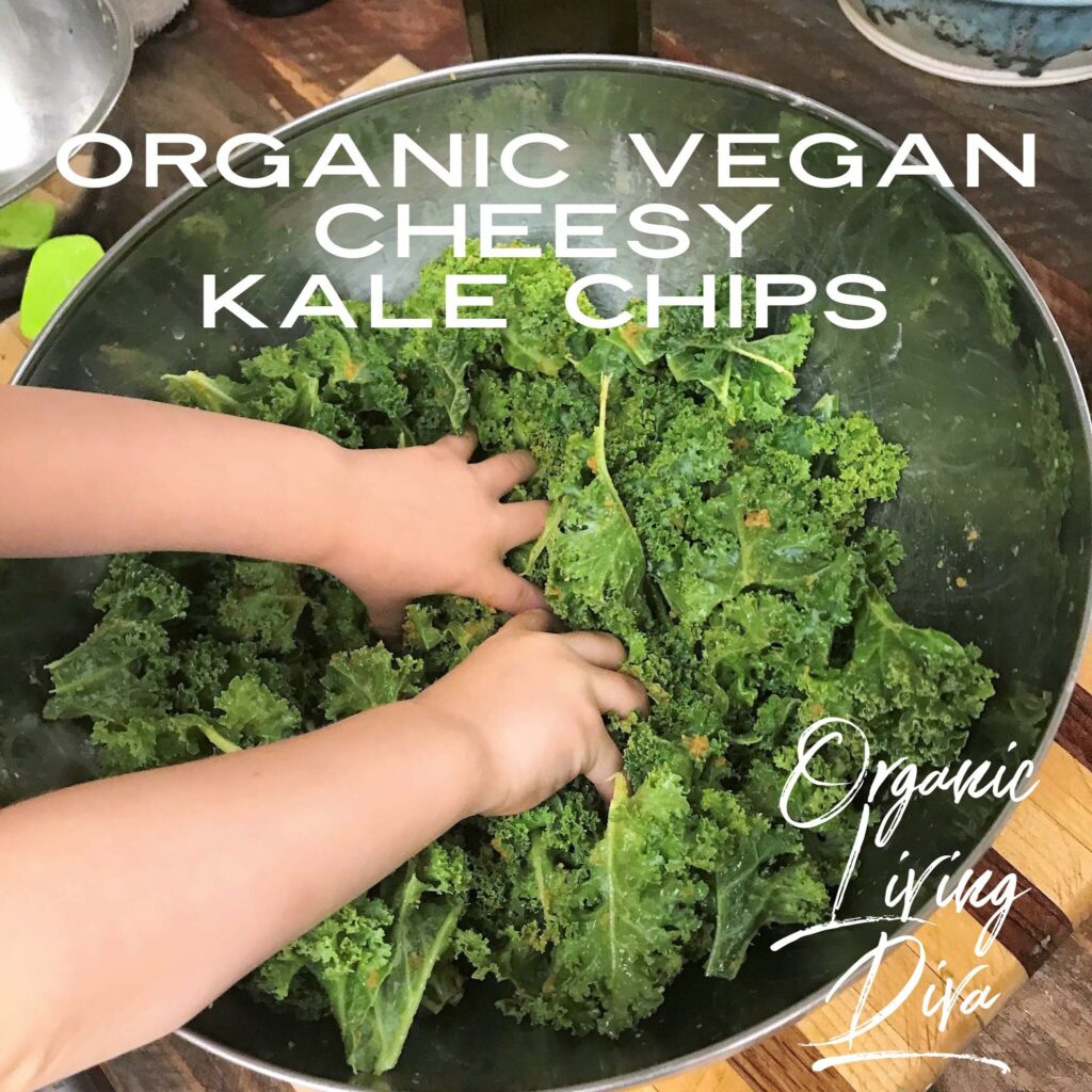 Organic Vegan Cheesy Kale Chips chef assistant mixing kale and seasoning