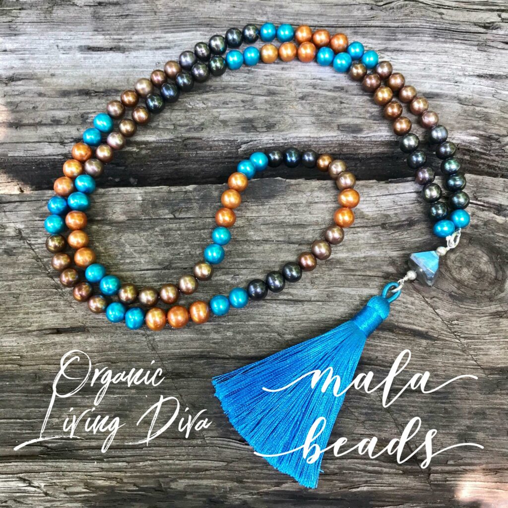 108 Mala bead necklace with colored fresh water pearls, facted labradorite nugget and turquoise tassel.