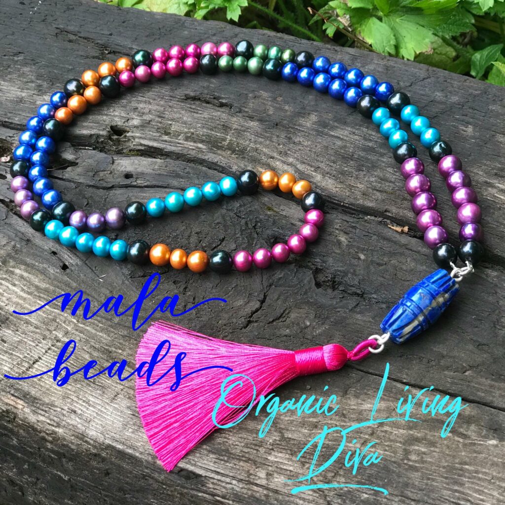 108 Mala bead necklace with colored fresh water pearls, etched lapis lazuli and fuschia tassel.
